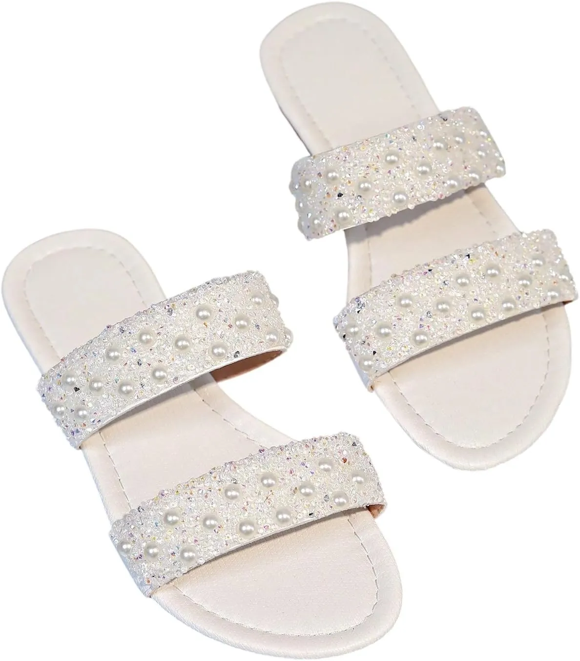 GORGLITTER Women's Rhinestone Strappy Flat Sandals Dressy Sparkly Slip on Slide Summer Vacation Sandals