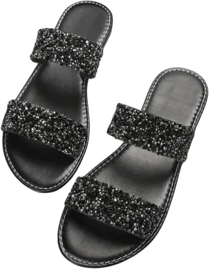 GORGLITTER Women's Rhinestone Strappy Flat Sandals Dressy Sparkly Slip on Slide Summer Vacation Sandals