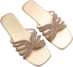 GORGLITTER Women's Sparkly Rhinestone Flat Sandals Metallic Slip On Open Toe Slide Sandals