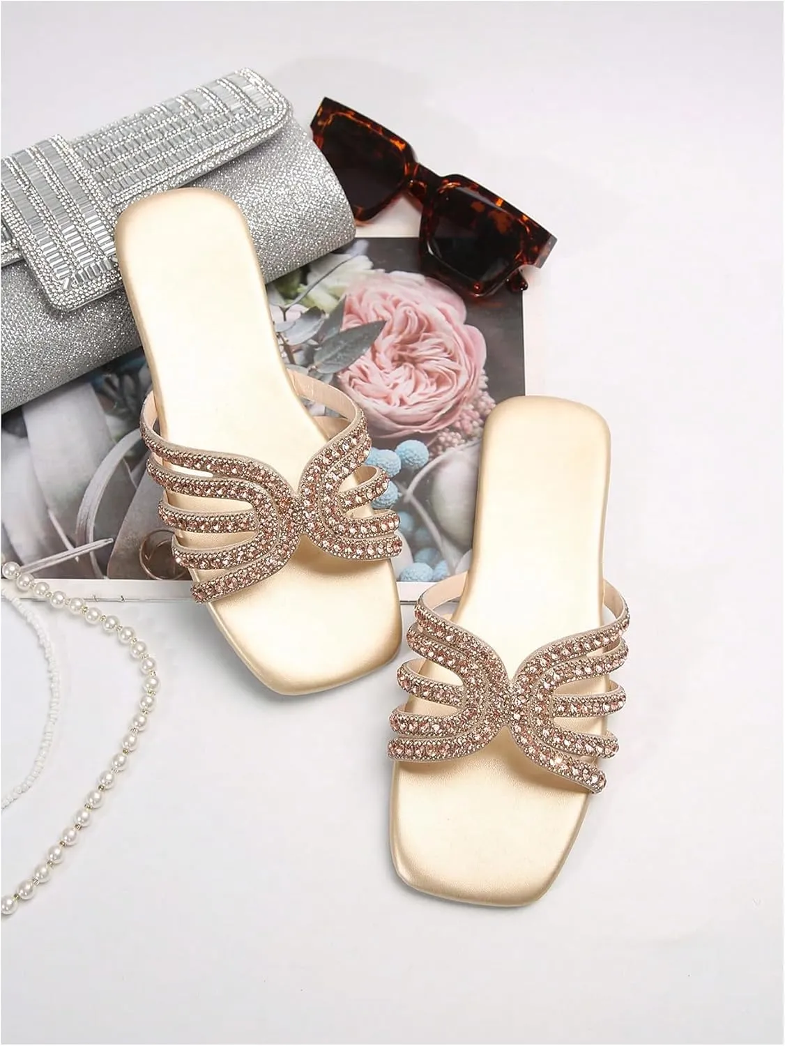 GORGLITTER Women's Sparkly Rhinestone Flat Sandals Metallic Slip On Open Toe Slide Sandals
