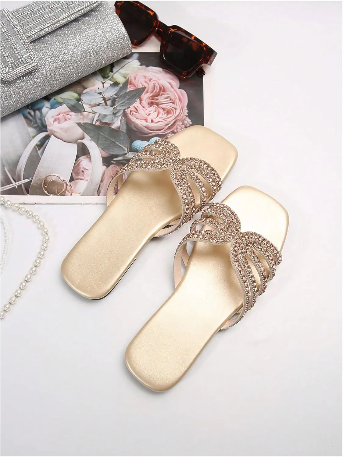 GORGLITTER Women's Sparkly Rhinestone Flat Sandals Metallic Slip On Open Toe Slide Sandals