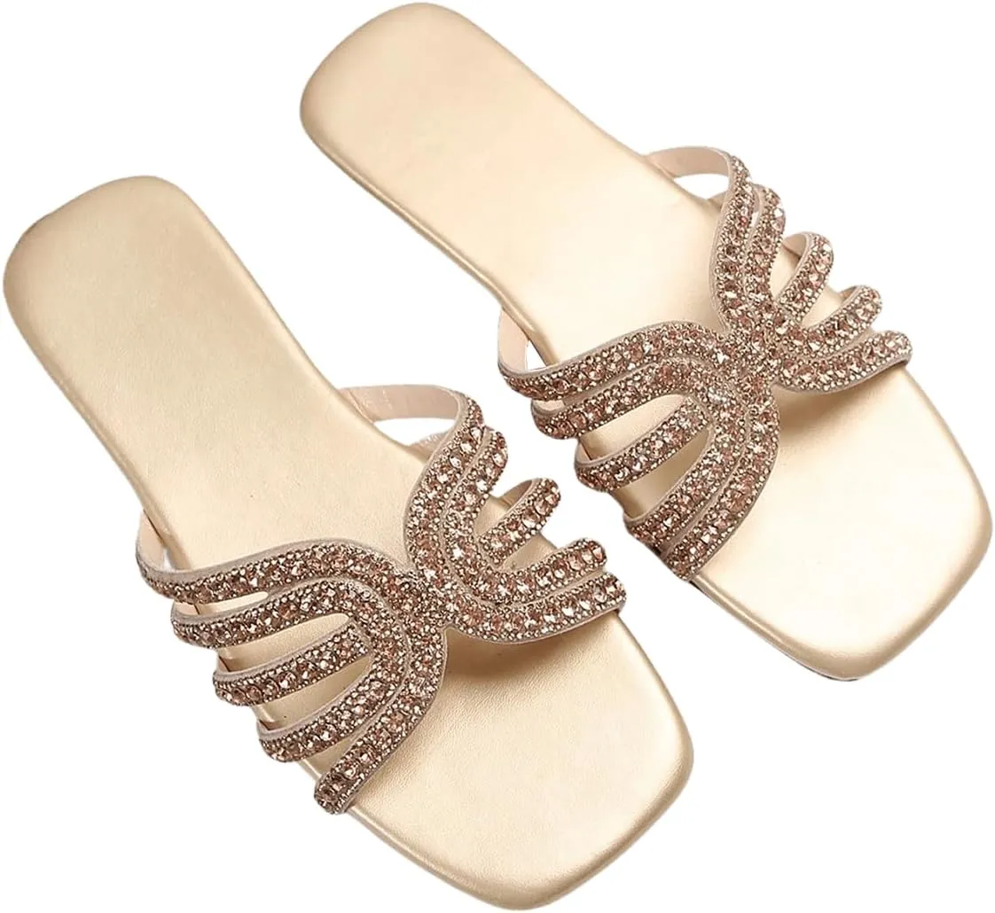 GORGLITTER Women's Sparkly Rhinestone Flat Sandals Metallic Slip On Open Toe Slide Sandals