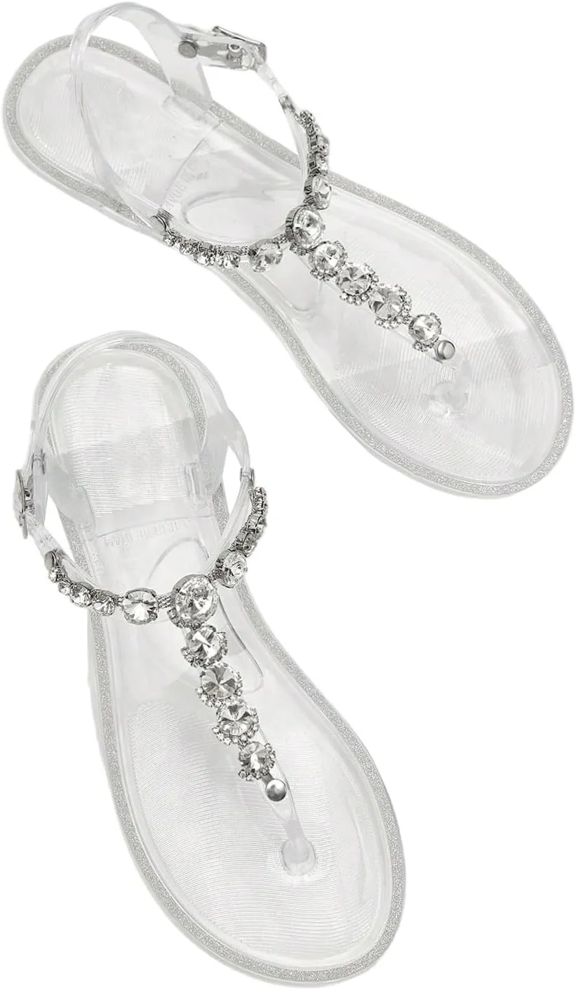 GORGLITTER Women's Summer Beach Flat Clear Sandals 2025 Sparkly Rhinestone Flip Flops