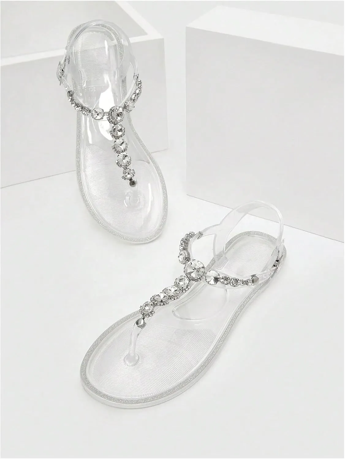 GORGLITTER Women's Summer Beach Flat Clear Sandals 2025 Sparkly Rhinestone Flip Flops