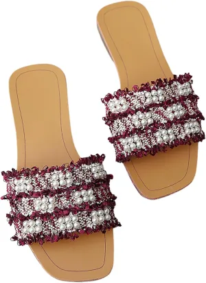 GORGLITTER Women's Summer Beach Flat Cute Sandals 2025 Color Block Faux Pearls Decor Leather Flat Slides