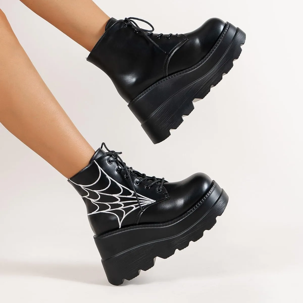 Goth Chunky Ankle Boots for Women - Bat Buckle DIY Platform,Zip Round Toe Lace Up Combat Bootie, Wedge Rave Boots Black Punk Shoes - Light Weight & Waterproof
