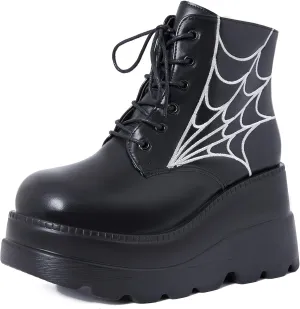 Goth Chunky Ankle Boots for Women - Bat Buckle DIY Platform,Zip Round Toe Lace Up Combat Bootie, Wedge Rave Boots Black Punk Shoes - Light Weight & Waterproof