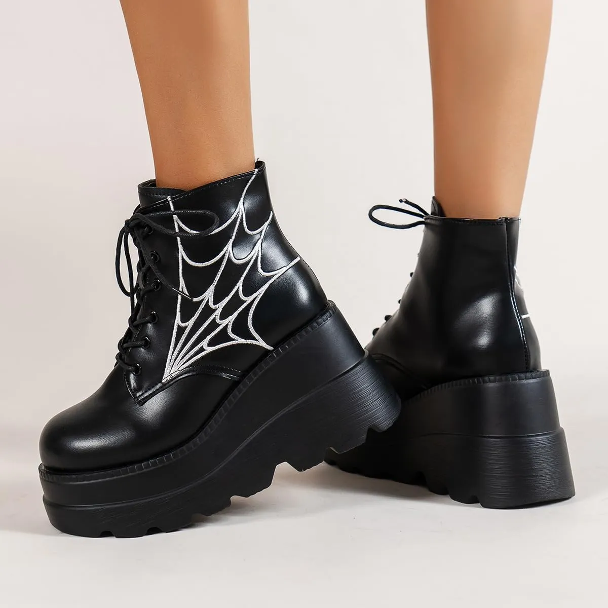Goth Chunky Ankle Boots for Women - Bat Buckle DIY Platform,Zip Round Toe Lace Up Combat Bootie, Wedge Rave Boots Black Punk Shoes - Light Weight & Waterproof
