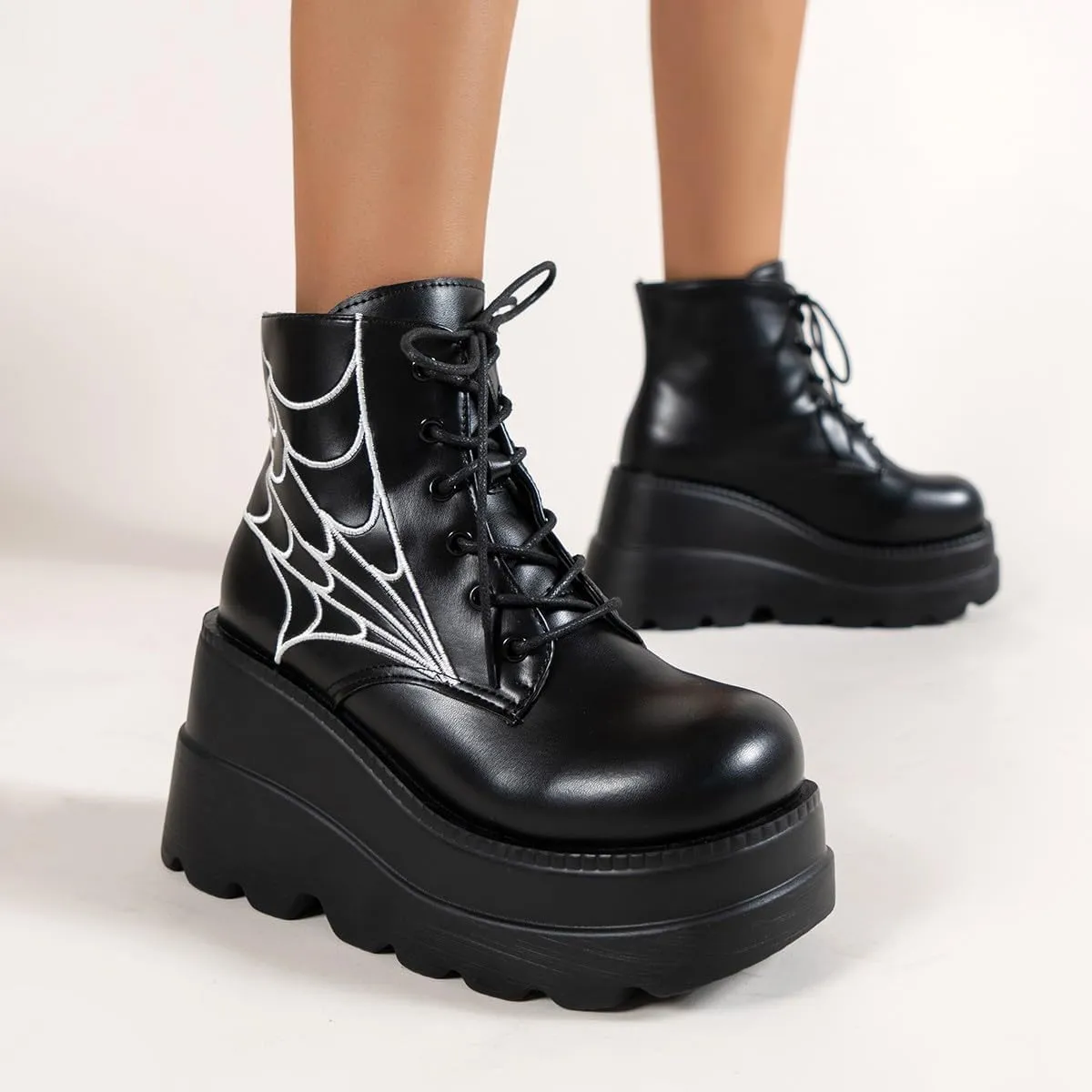 Goth Chunky Ankle Boots for Women - Bat Buckle DIY Platform,Zip Round Toe Lace Up Combat Bootie, Wedge Rave Boots Black Punk Shoes - Light Weight & Waterproof