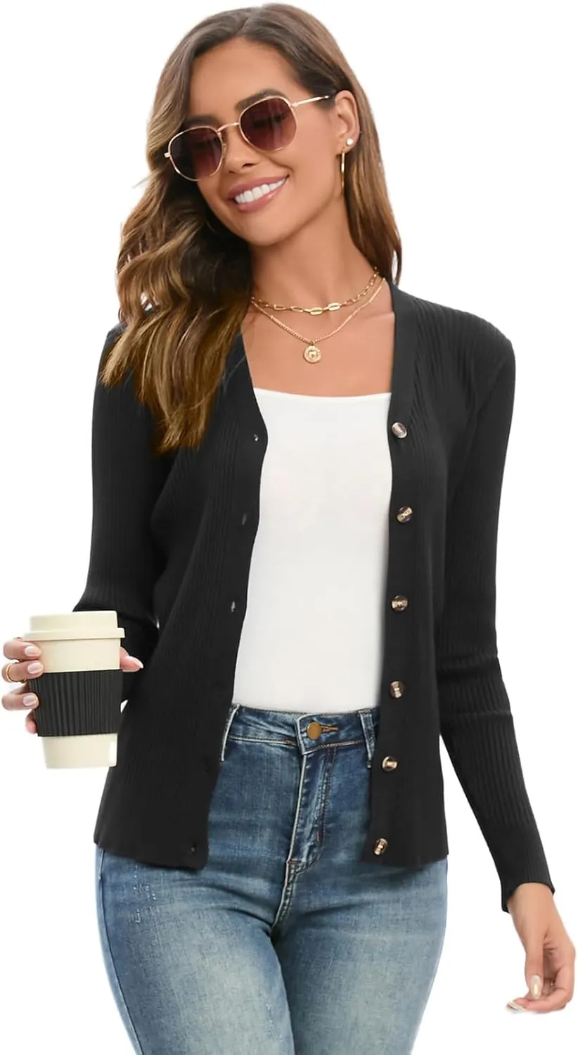 GRACE KARIN Women's Button Up V Neck Long Sleeve Soft Basic Knit Cardigan Sweater