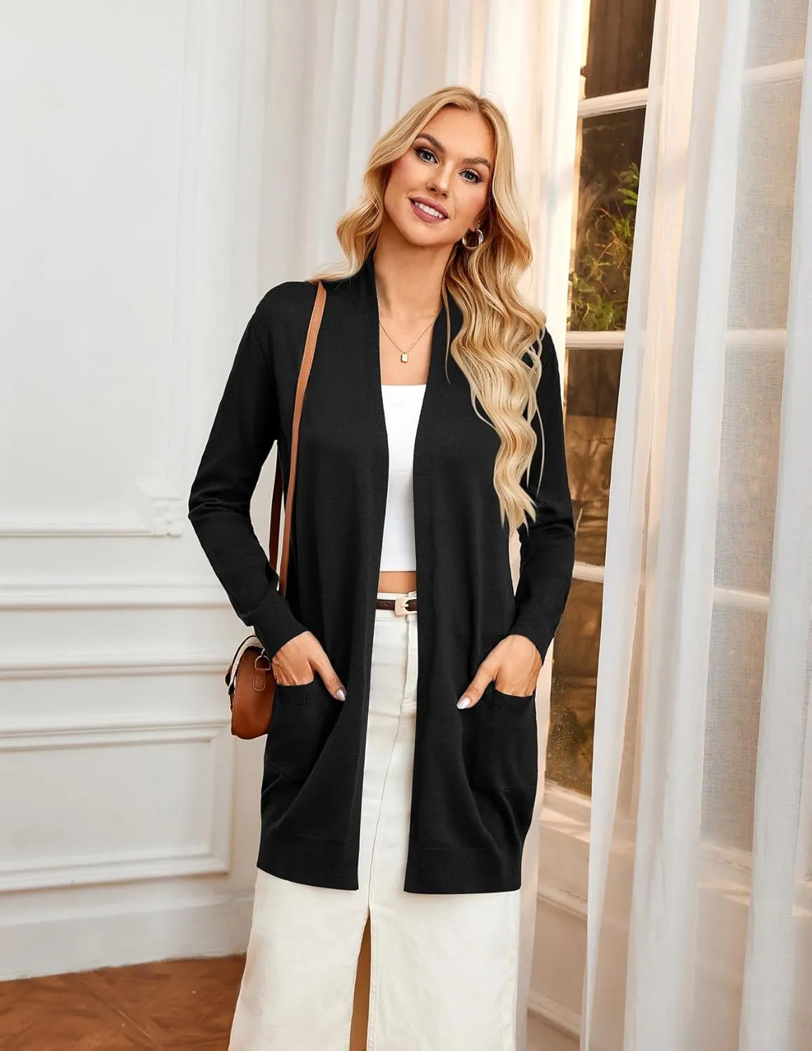 GRACE KARIN Women's Casual Open Front Cardigan Long Knitted Sweaters Shrug with Pockets