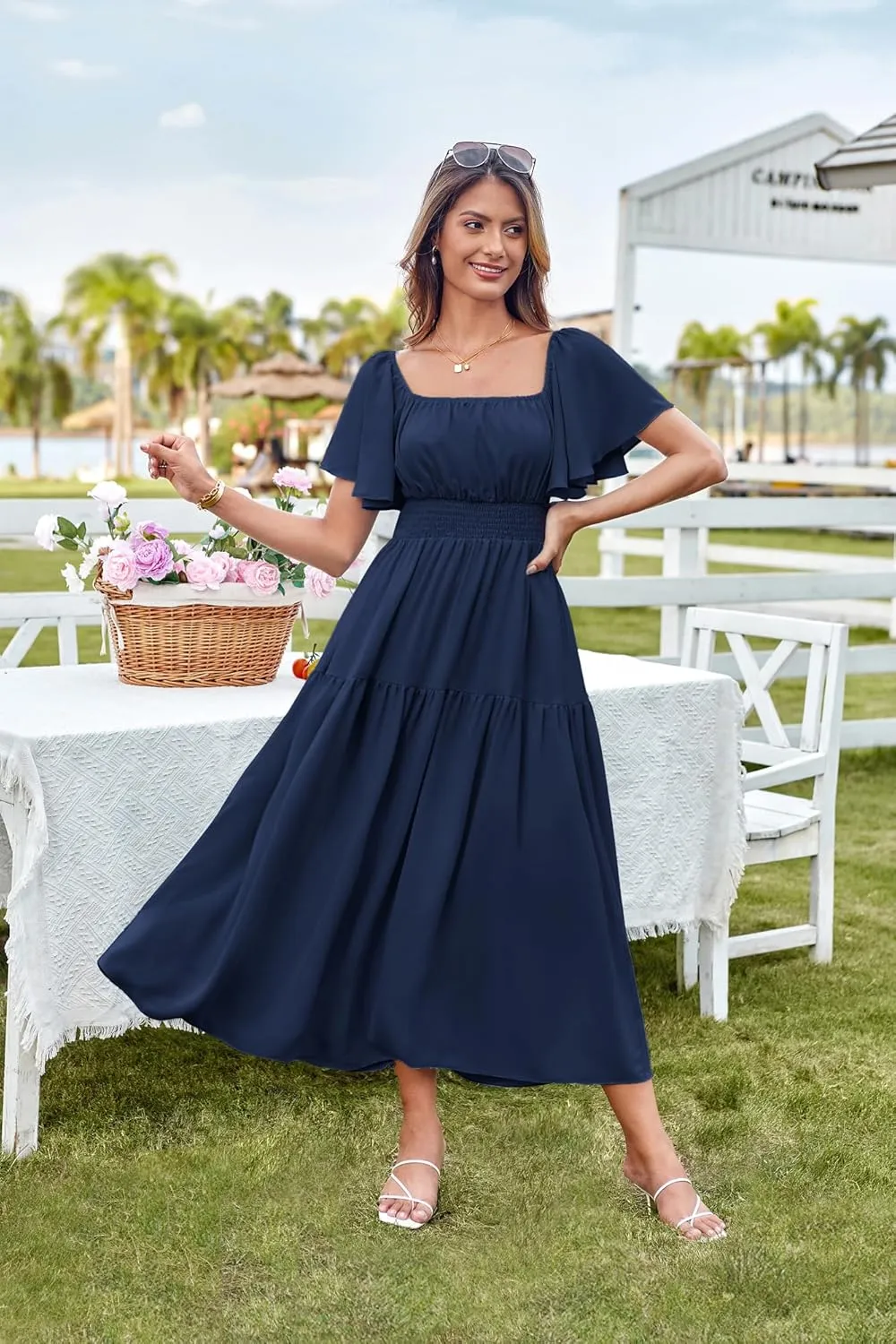 GRACE KARIN Women's Summer Short Sleeve Square Neck Smocked Waist Casual Vacation Tiered Flowy Maxi Dress
