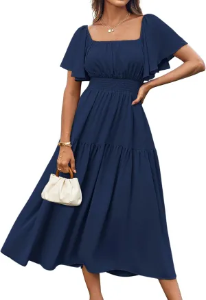 GRACE KARIN Women's Summer Short Sleeve Square Neck Smocked Waist Casual Vacation Tiered Flowy Maxi Dress