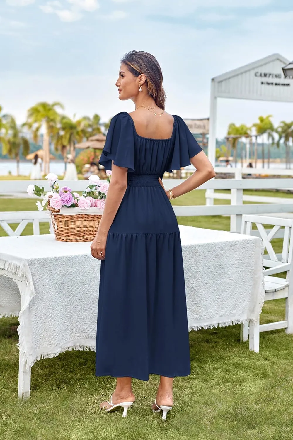 GRACE KARIN Women's Summer Short Sleeve Square Neck Smocked Waist Casual Vacation Tiered Flowy Maxi Dress