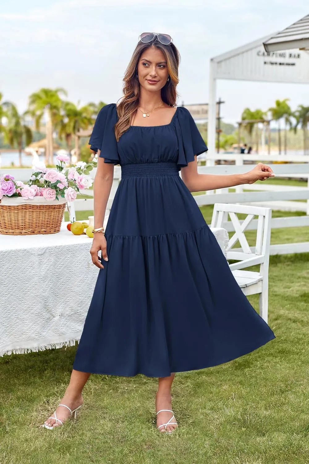 GRACE KARIN Women's Summer Short Sleeve Square Neck Smocked Waist Casual Vacation Tiered Flowy Maxi Dress