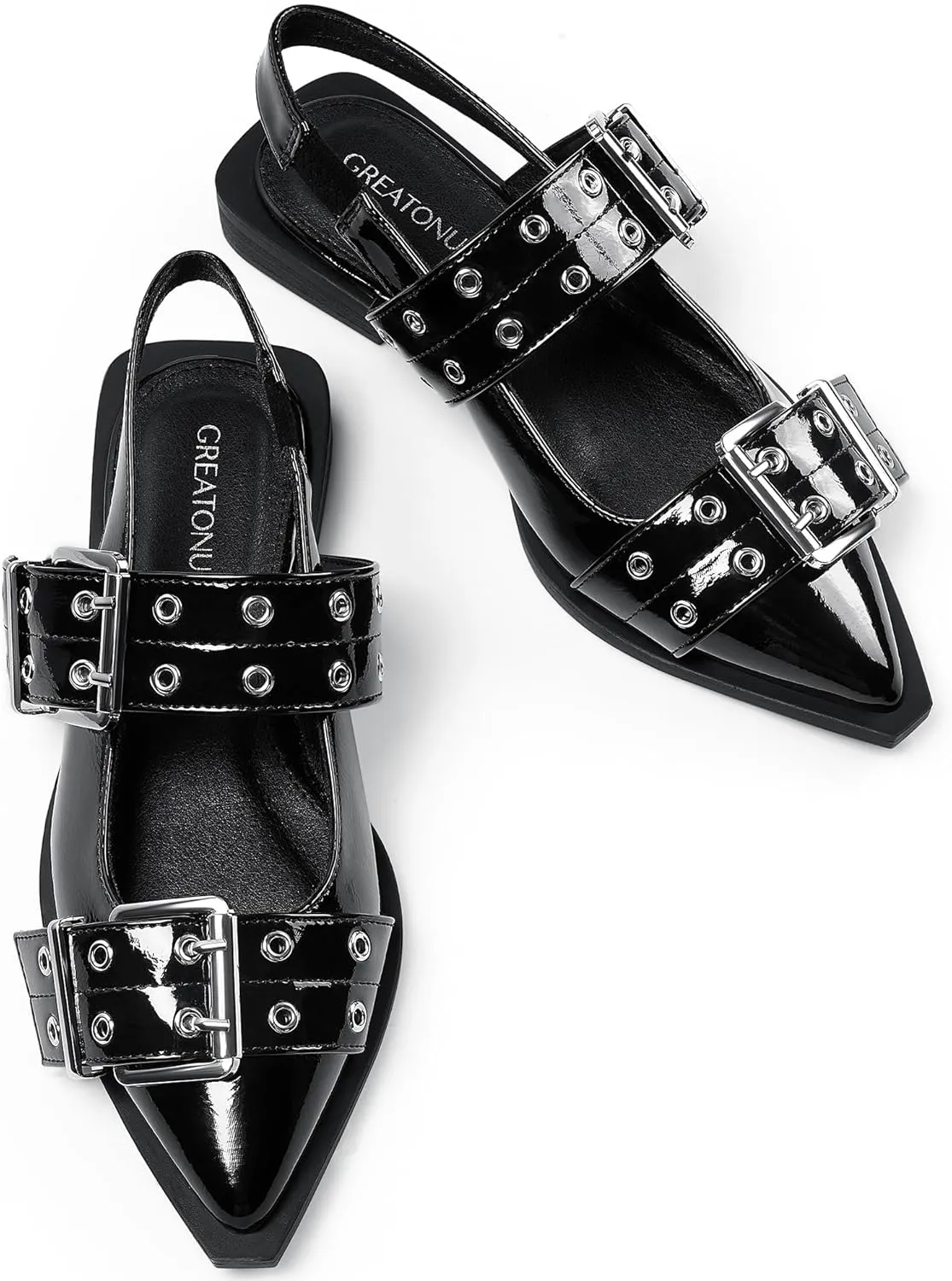 Greatonu Women's Slingback Flats Buckle Pointed Closed Toe Flat Shoes Comfortable Low Block Heel Mary Jane Casual Party Dressy Shoes