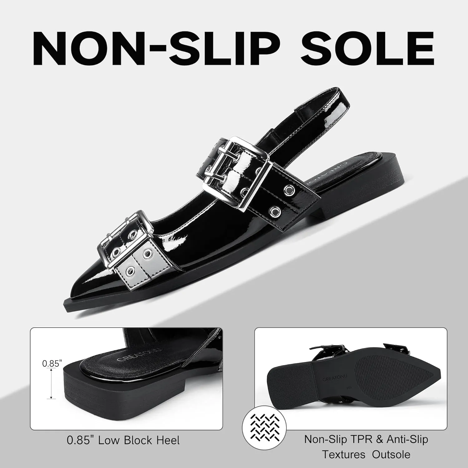 Greatonu Women's Slingback Flats Buckle Pointed Closed Toe Flat Shoes Comfortable Low Block Heel Mary Jane Casual Party Dressy Shoes