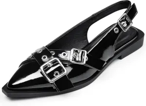 Greatonu Women's Slingback Flats Buckle Pointed Closed Toe Flat Shoes Comfortable Low Block Heel Mary Jane Casual Party Dressy Shoes