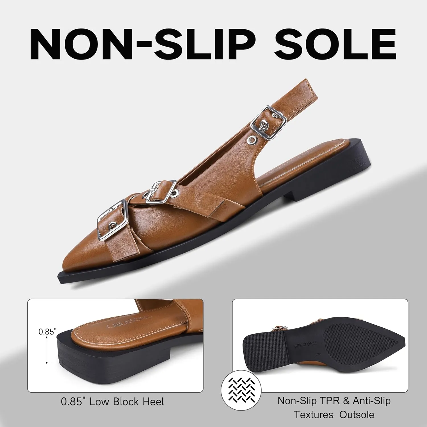 Greatonu Women's Slingback Flats Buckle Pointed Closed Toe Flat Shoes Comfortable Low Block Heel Mary Jane Casual Party Dressy Shoes