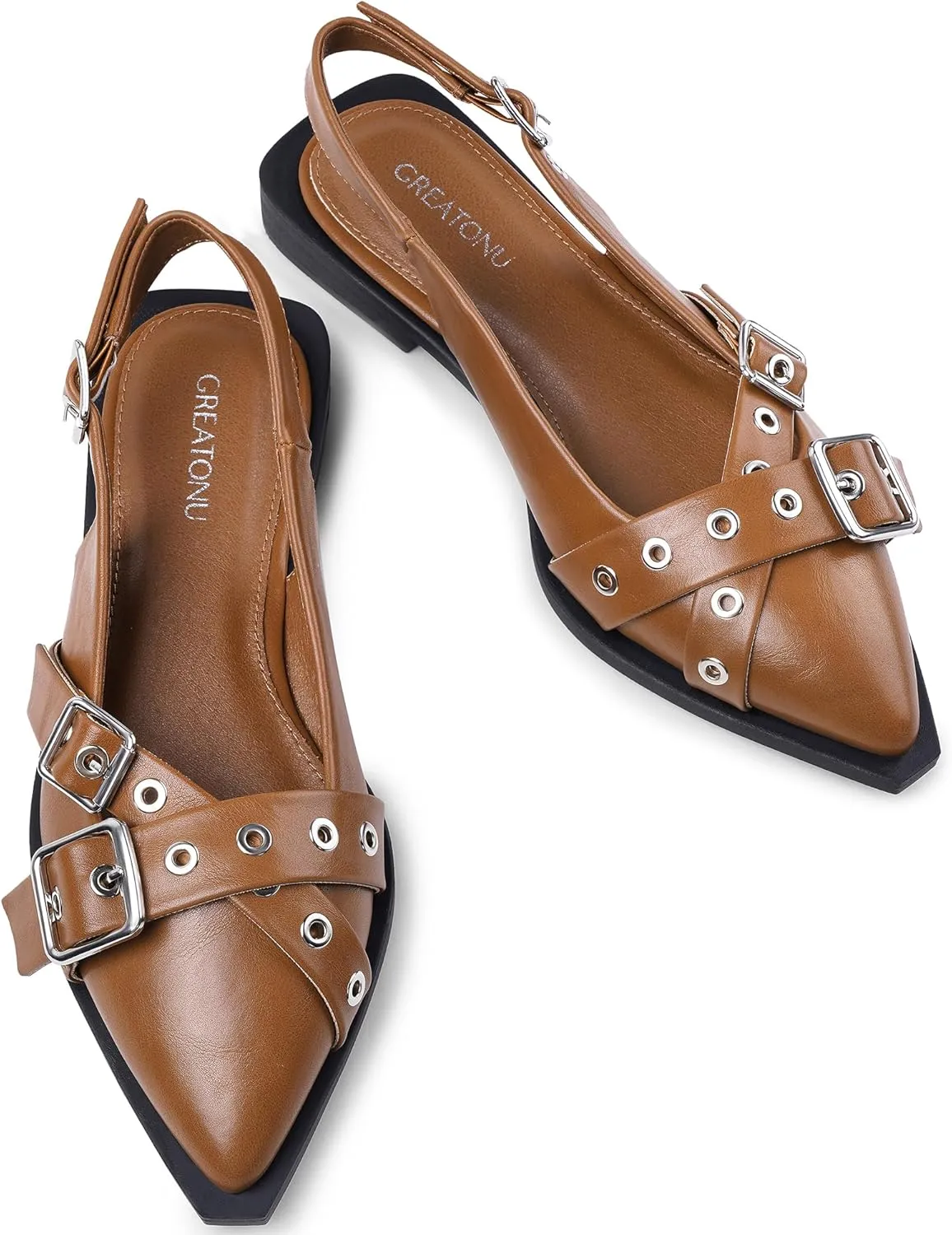 Greatonu Women's Slingback Flats Buckle Pointed Closed Toe Flat Shoes Comfortable Low Block Heel Mary Jane Casual Party Dressy Shoes