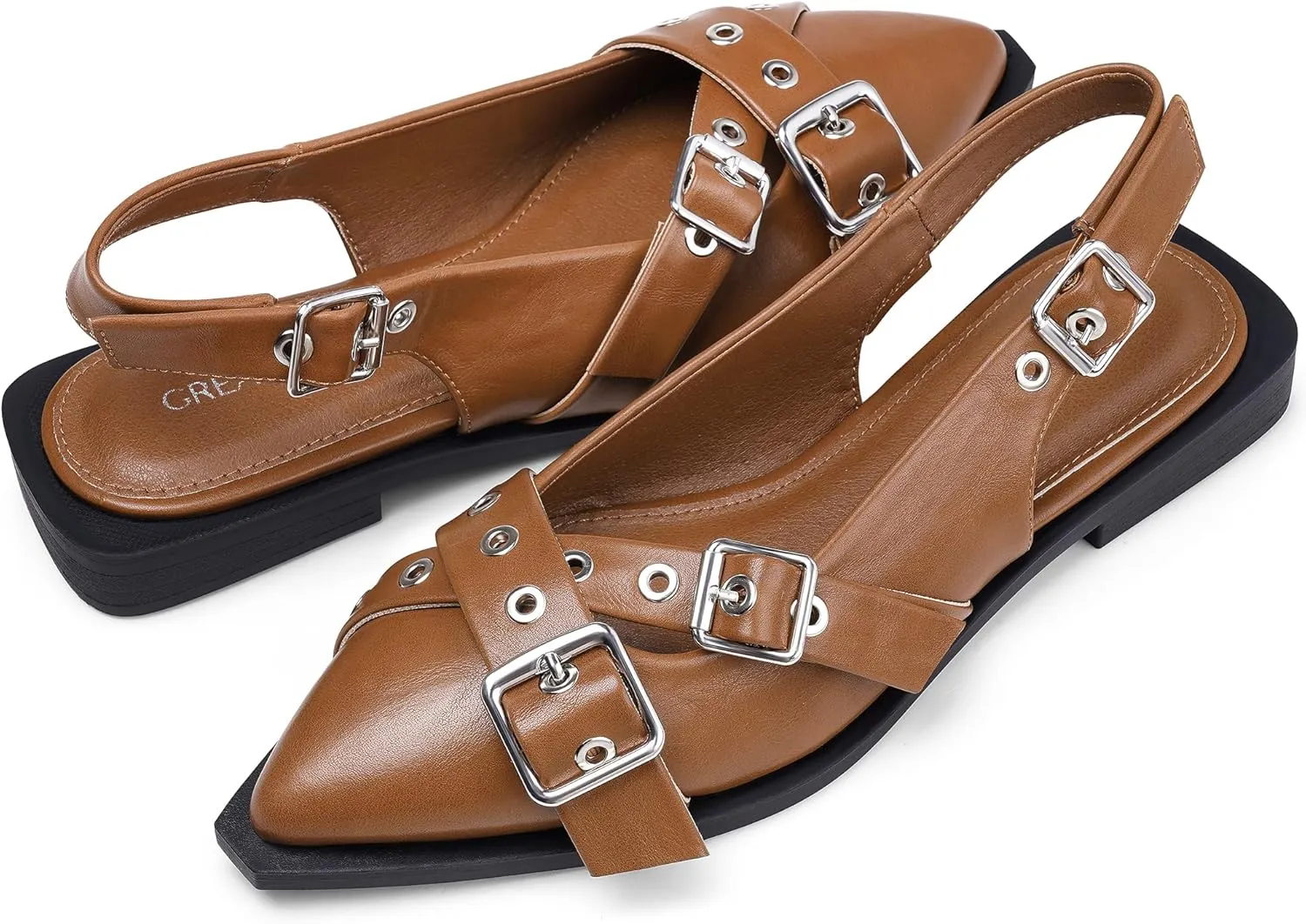 Greatonu Women's Slingback Flats Buckle Pointed Closed Toe Flat Shoes Comfortable Low Block Heel Mary Jane Casual Party Dressy Shoes