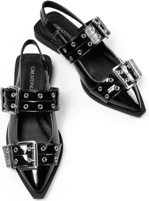 Greatonu Women's Slingback Flats Buckle Pointed Closed Toe Flat Shoes Comfortable Low Block Heel Mary Jane Casual Party Dressy Shoes