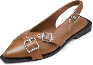 Greatonu Women's Slingback Flats Buckle Pointed Closed Toe Flat Shoes Comfortable Low Block Heel Mary Jane Casual Party Dressy Shoes