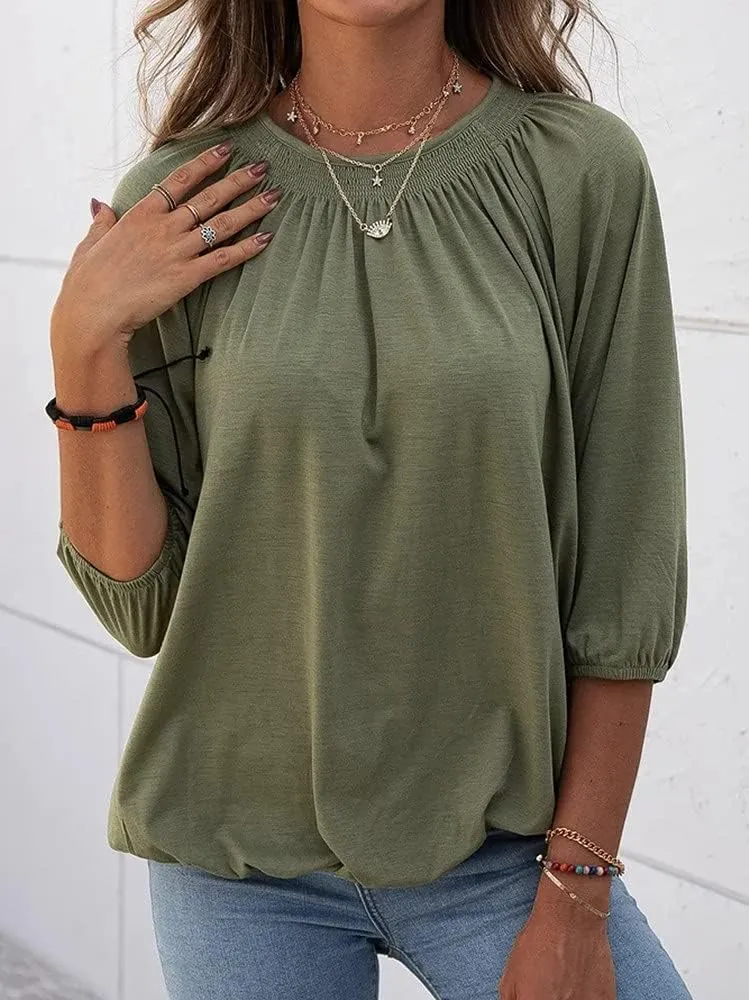 Grlasen Women's Solid Crew Neck T Shirt Blouse Cotton Half Sleeve 3/4 Sleeve Casual Loose Pleated Basic Tops