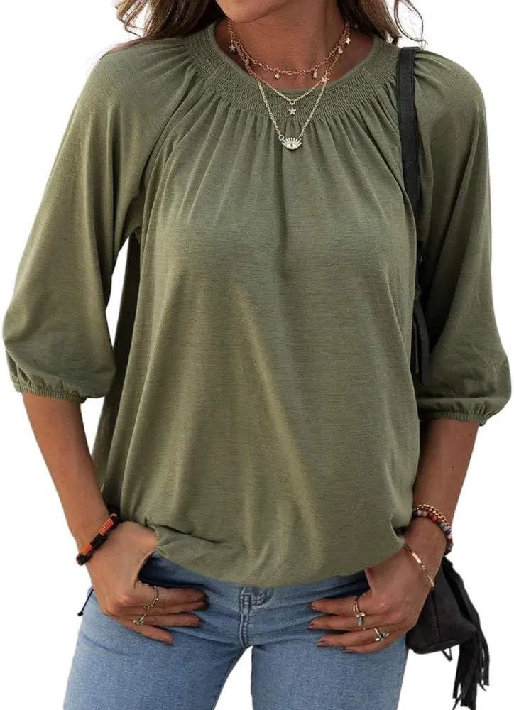 Grlasen Women's Solid Crew Neck T Shirt Blouse Cotton Half Sleeve 3/4 Sleeve Casual Loose Pleated Basic Tops