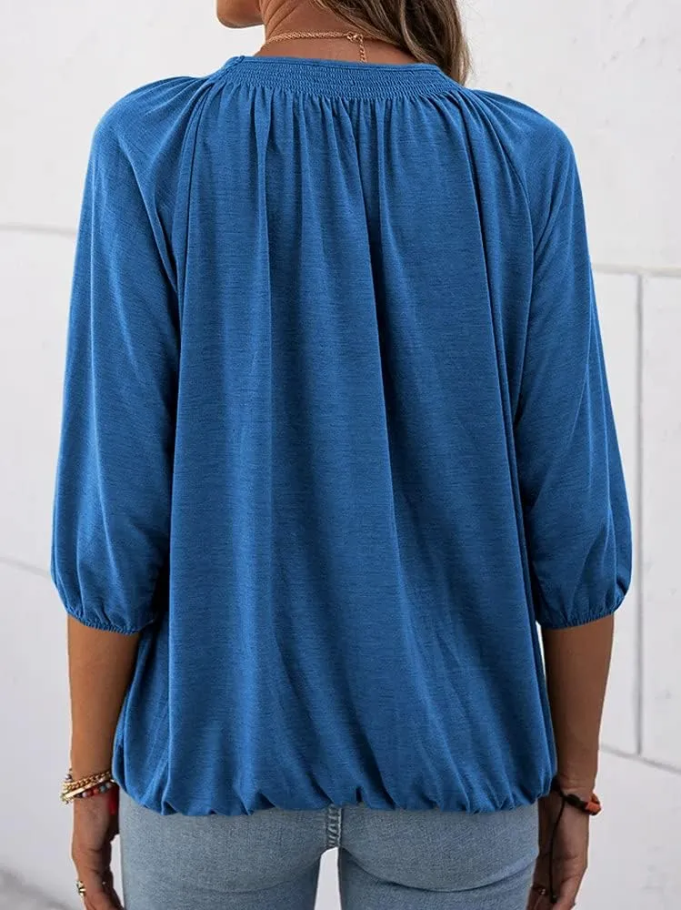 Grlasen Women's Solid Crew Neck T Shirt Blouse Cotton Half Sleeve 3/4 Sleeve Casual Loose Pleated Basic Tops