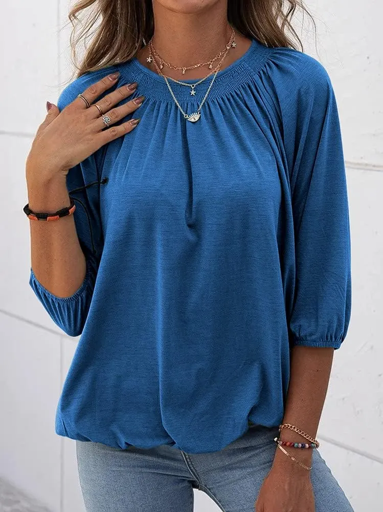 Grlasen Women's Solid Crew Neck T Shirt Blouse Cotton Half Sleeve 3/4 Sleeve Casual Loose Pleated Basic Tops