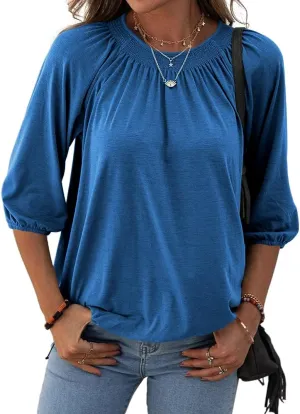 Grlasen Women's Solid Crew Neck T Shirt Blouse Cotton Half Sleeve 3/4 Sleeve Casual Loose Pleated Basic Tops
