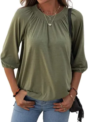 Grlasen Women's Solid Crew Neck T Shirt Blouse Cotton Half Sleeve 3/4 Sleeve Casual Loose Pleated Basic Tops