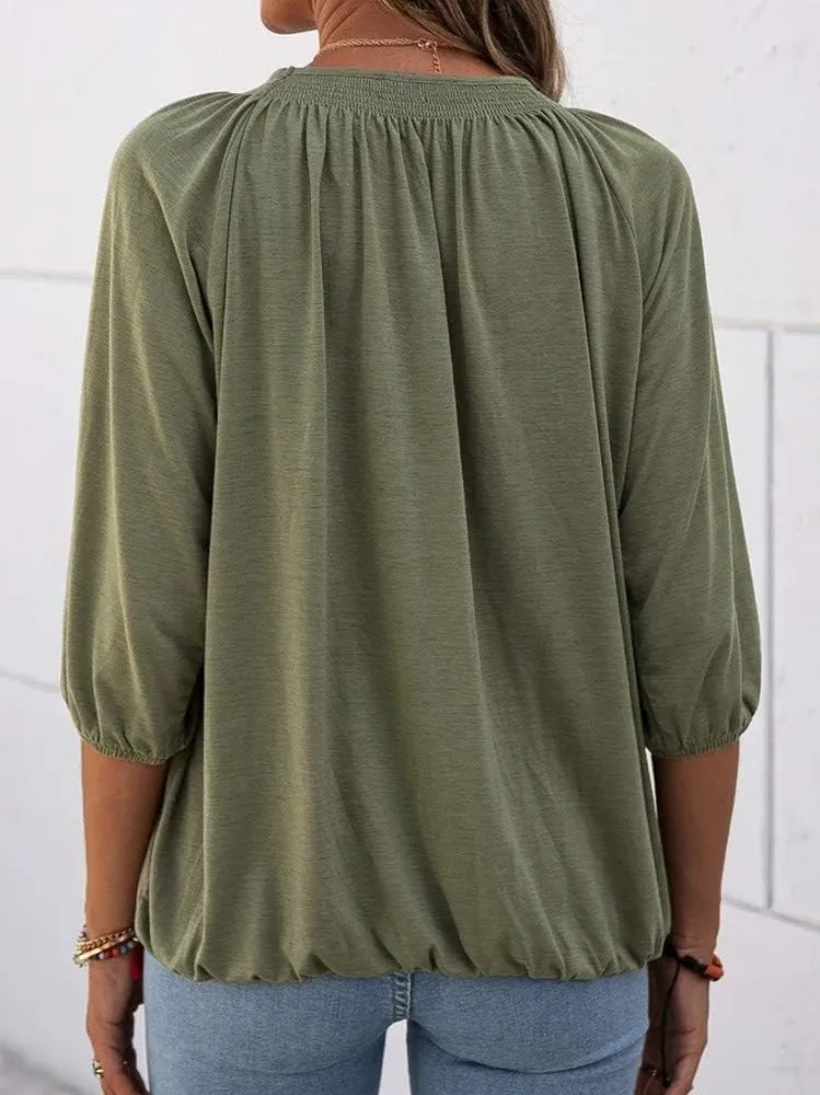 Grlasen Women's Solid Crew Neck T Shirt Blouse Cotton Half Sleeve 3/4 Sleeve Casual Loose Pleated Basic Tops