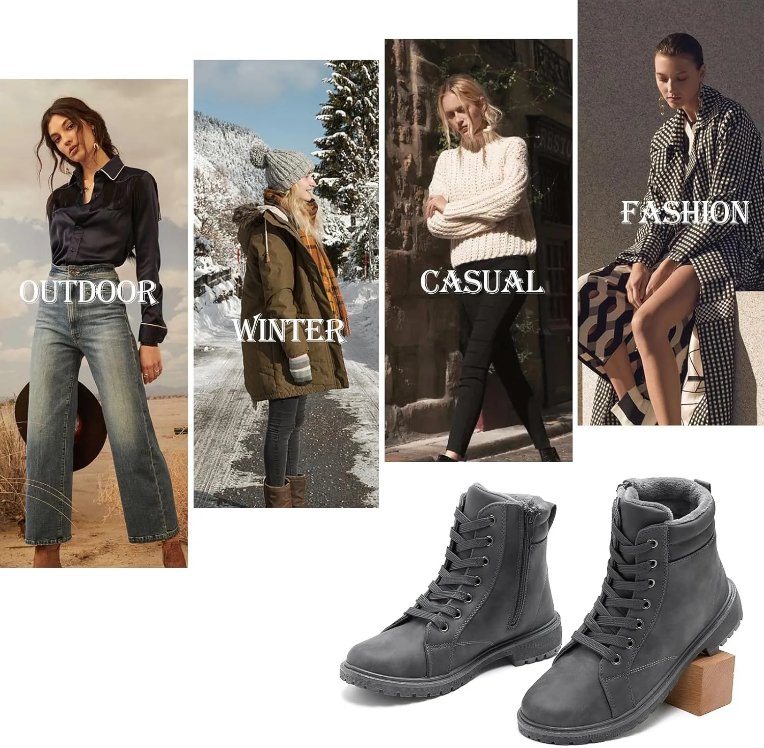hash bubbie Women's Waterproof Ankle Boots Non Slip Combat Boots Black Fuzzy Winter Boots White Lace up Snow Boots for women Fall Boots with Zipper