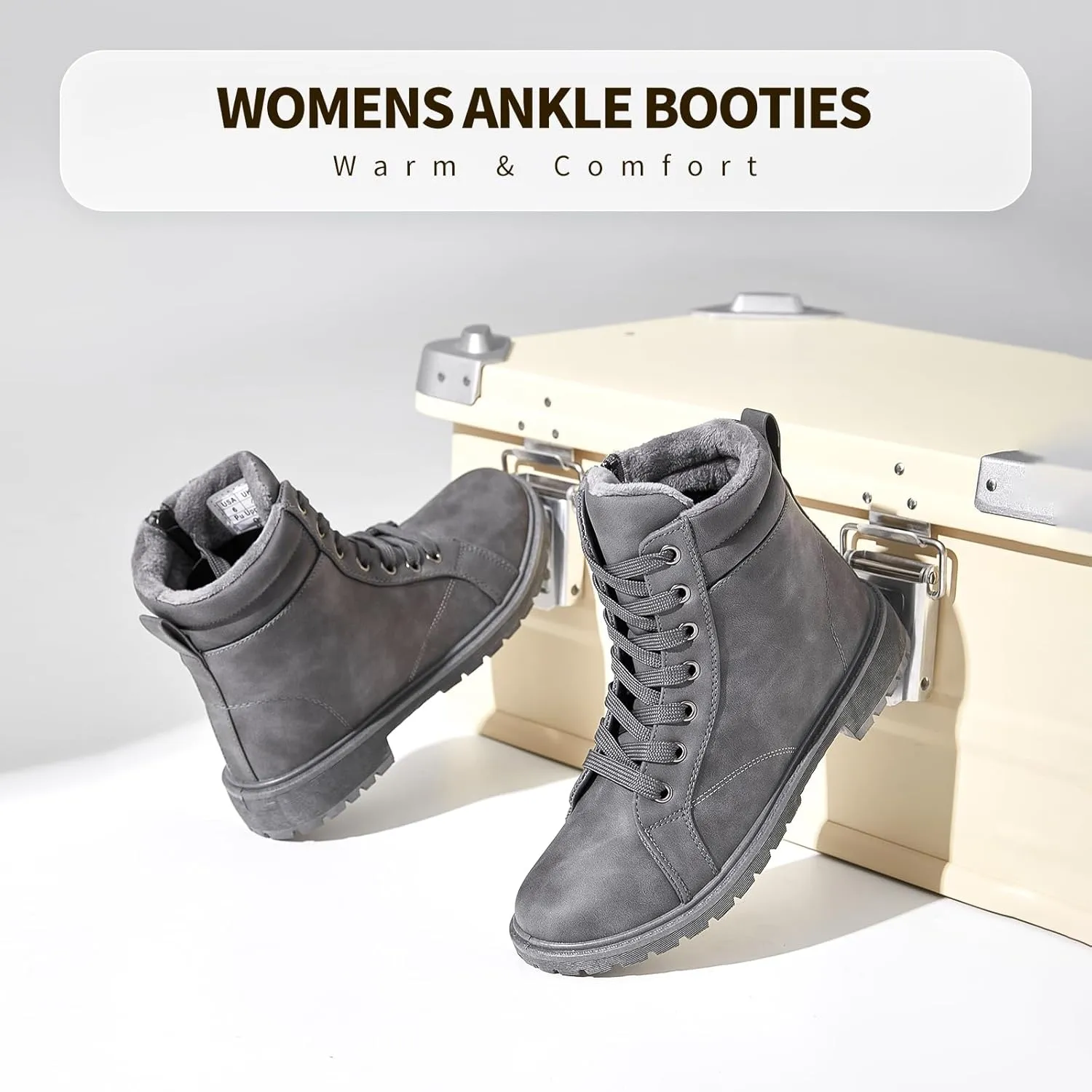 hash bubbie Women's Waterproof Ankle Boots Non Slip Combat Boots Black Fuzzy Winter Boots White Lace up Snow Boots for women Fall Boots with Zipper