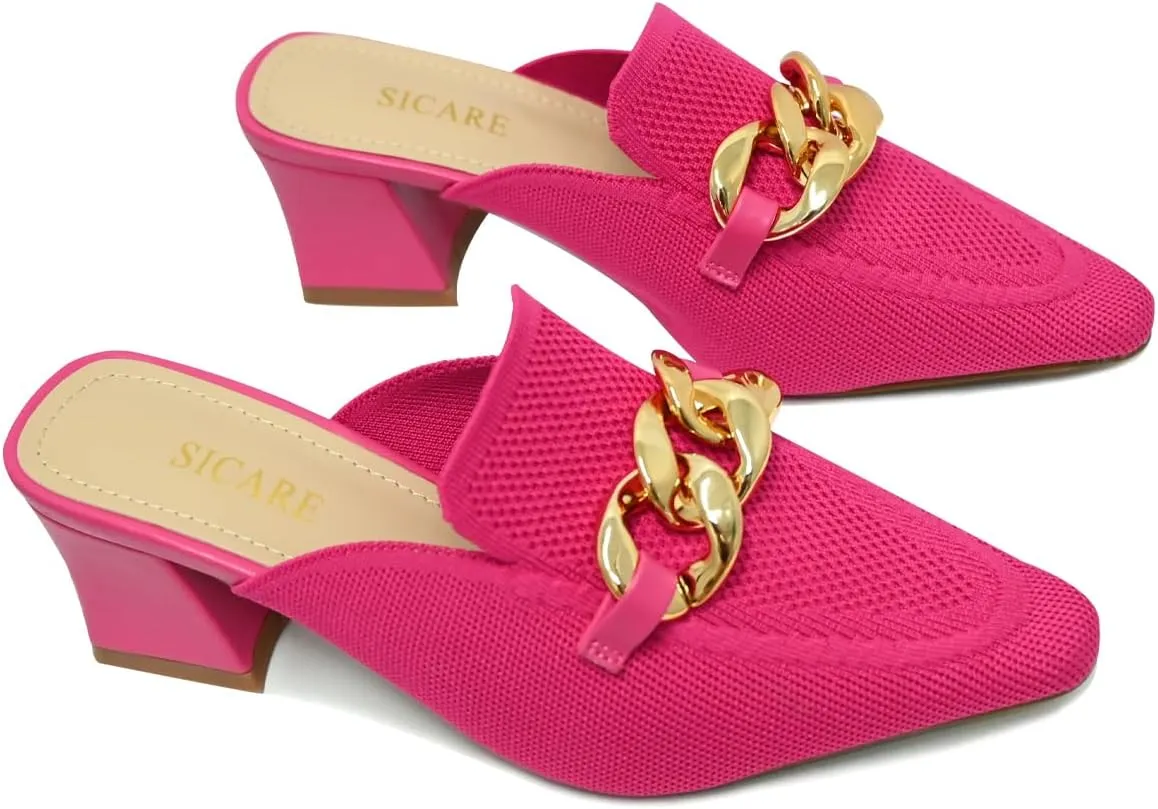 Heeled Mules for Women Closed Toe Chunky Heels Mules Knit Stretchy Pointed Toe Heels Sandals Comfortable Slip On Dress Pumps Sandals Slides for Business and Daily Wear