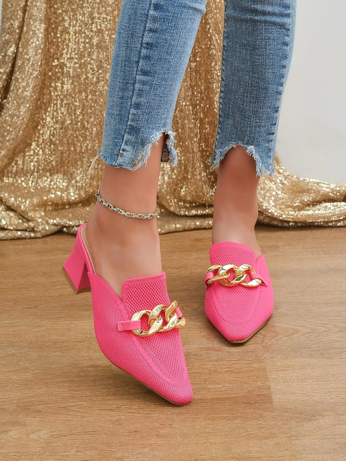 Heeled Mules for Women Closed Toe Chunky Heels Mules Knit Stretchy Pointed Toe Heels Sandals Comfortable Slip On Dress Pumps Sandals Slides for Business and Daily Wear