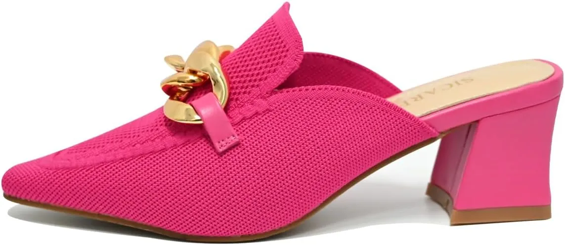 Heeled Mules for Women Closed Toe Chunky Heels Mules Knit Stretchy Pointed Toe Heels Sandals Comfortable Slip On Dress Pumps Sandals Slides for Business and Daily Wear