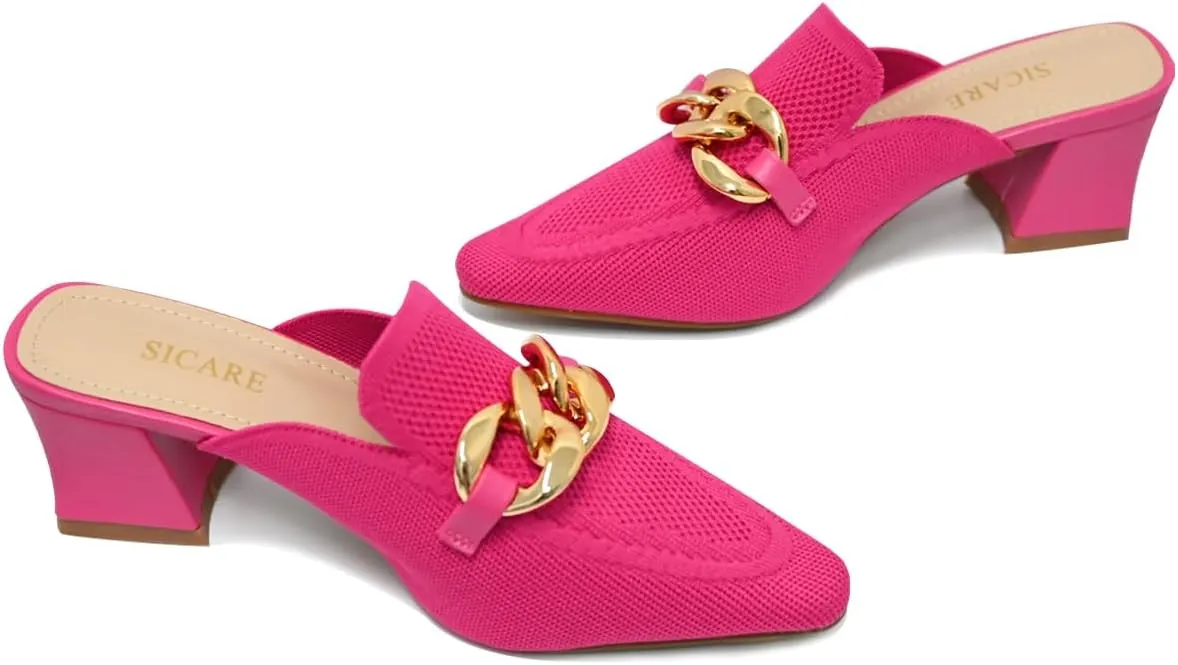 Heeled Mules for Women Closed Toe Chunky Heels Mules Knit Stretchy Pointed Toe Heels Sandals Comfortable Slip On Dress Pumps Sandals Slides for Business and Daily Wear