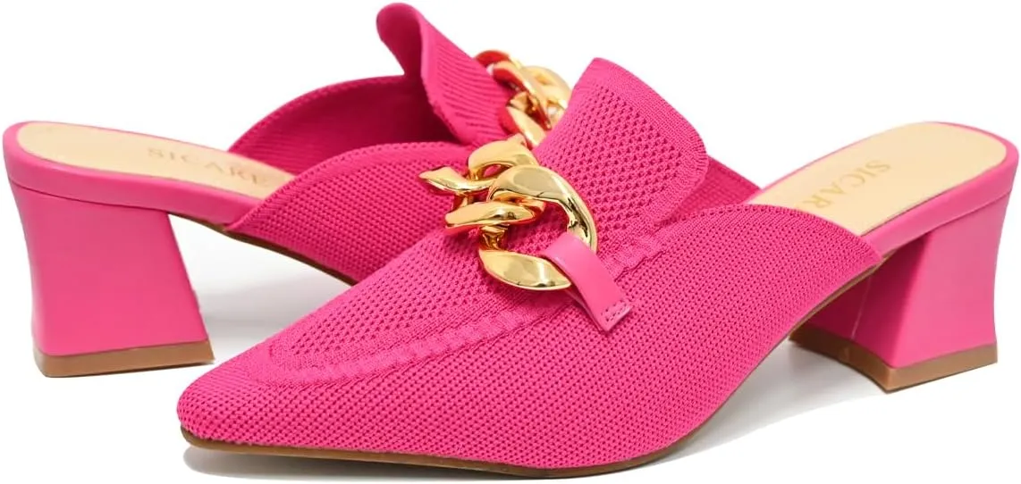 Heeled Mules for Women Closed Toe Chunky Heels Mules Knit Stretchy Pointed Toe Heels Sandals Comfortable Slip On Dress Pumps Sandals Slides for Business and Daily Wear
