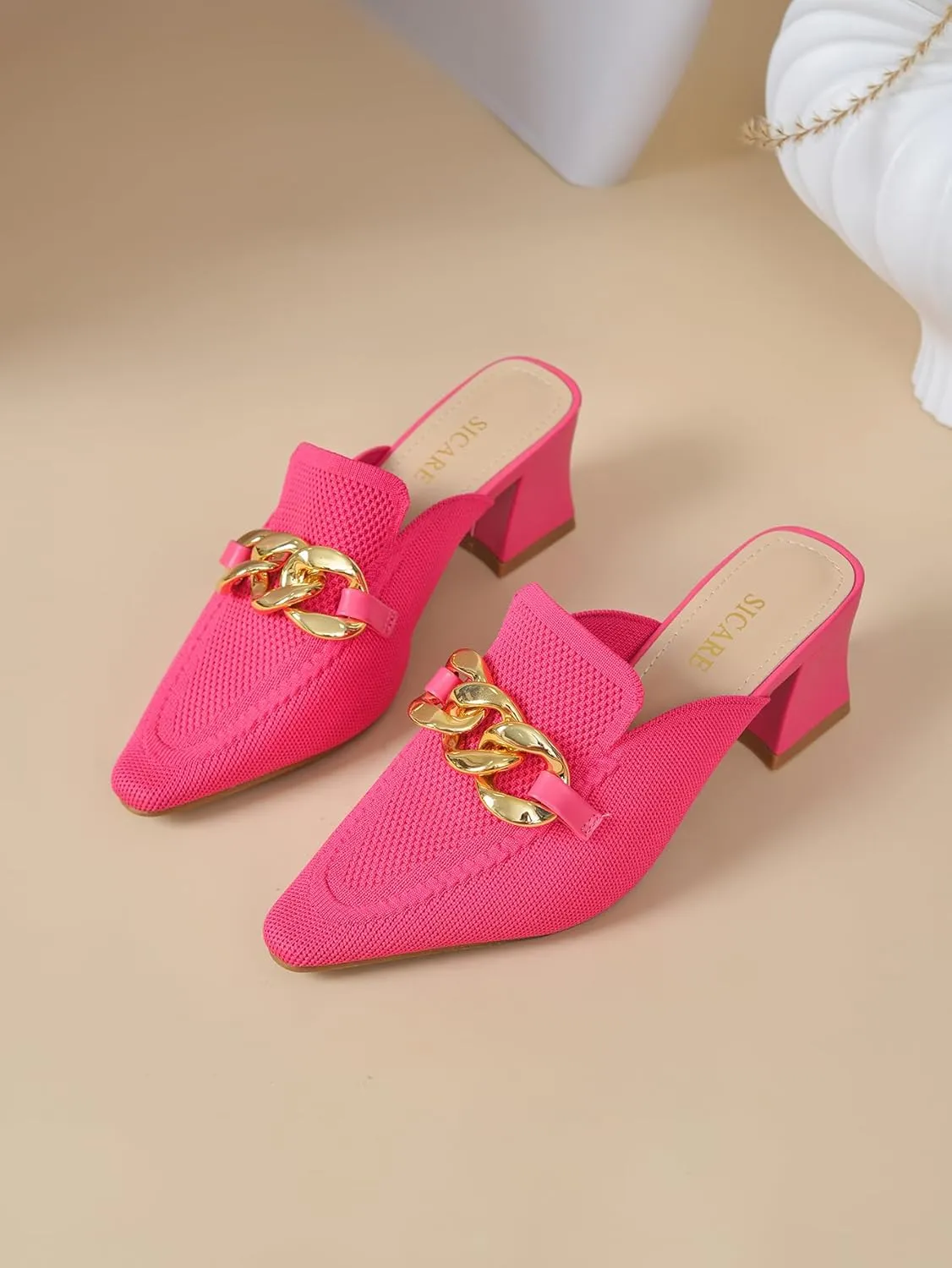 Heeled Mules for Women Closed Toe Chunky Heels Mules Knit Stretchy Pointed Toe Heels Sandals Comfortable Slip On Dress Pumps Sandals Slides for Business and Daily Wear