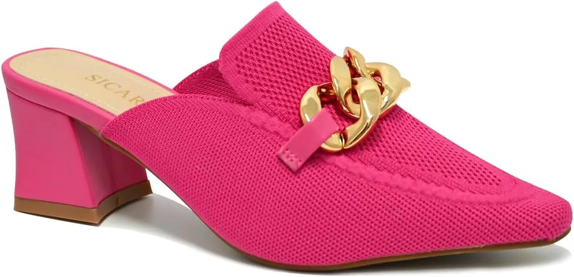 Heeled Mules for Women Closed Toe Chunky Heels Mules Knit Stretchy Pointed Toe Heels Sandals Comfortable Slip On Dress Pumps Sandals Slides for Business and Daily Wear