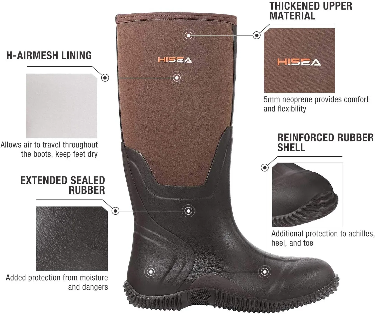 HISEA Men's Rain Boots, Waterproof Durable Insulated Rubber Boots for Men, 5 mm Neoprene Outdoor Mud Fishing Hunting Boots for Multi-Season (Black, Camo & Brown)