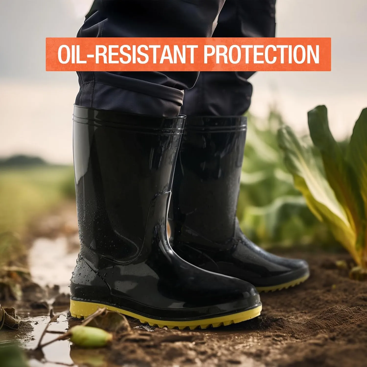 HISEA Men's Rain Boots Waterproof, Garden Fishing Outdoor Work PVC Boots, Durable Slip Resistant Boots for Agriculture and Industrial Working