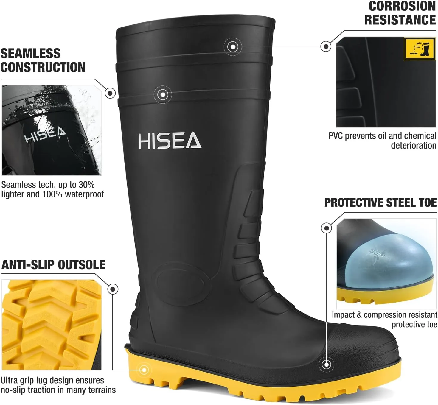 HISEA Men's Steel Toe Rain Boots PVC Rubber Boots, Waterproof Garden Fishing Outdoor Work Boots, Durable Slip Resistant Knee Boots for Agriculture and Industrial Working