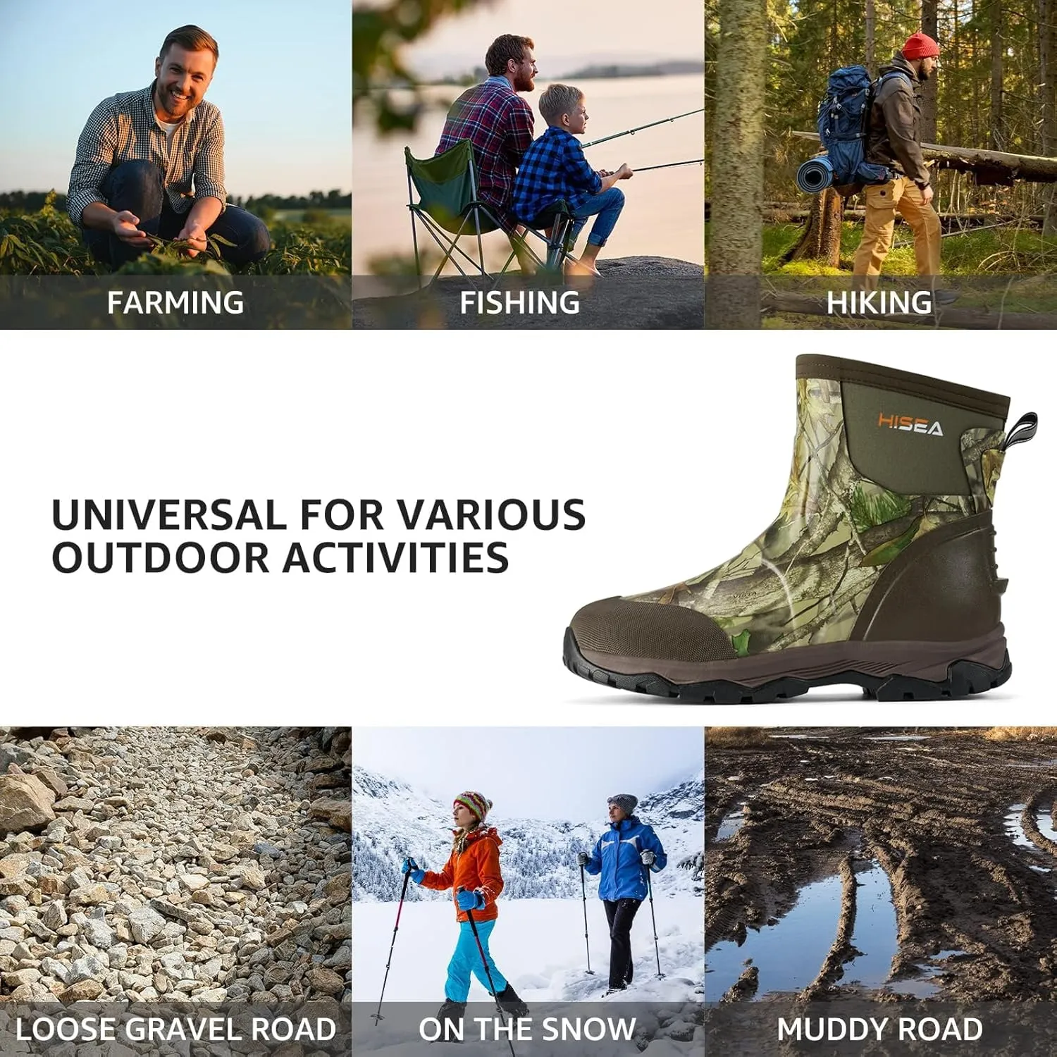 HISEA Upgraded Excursion Pro Men's Rain Boots, Ankle Height Rubber Hunting Boots Waterproof Insulated Neoprene Boots Durable Outdoor Mud Booties for Hunting Gardening Farming Fishing and Yard Work
