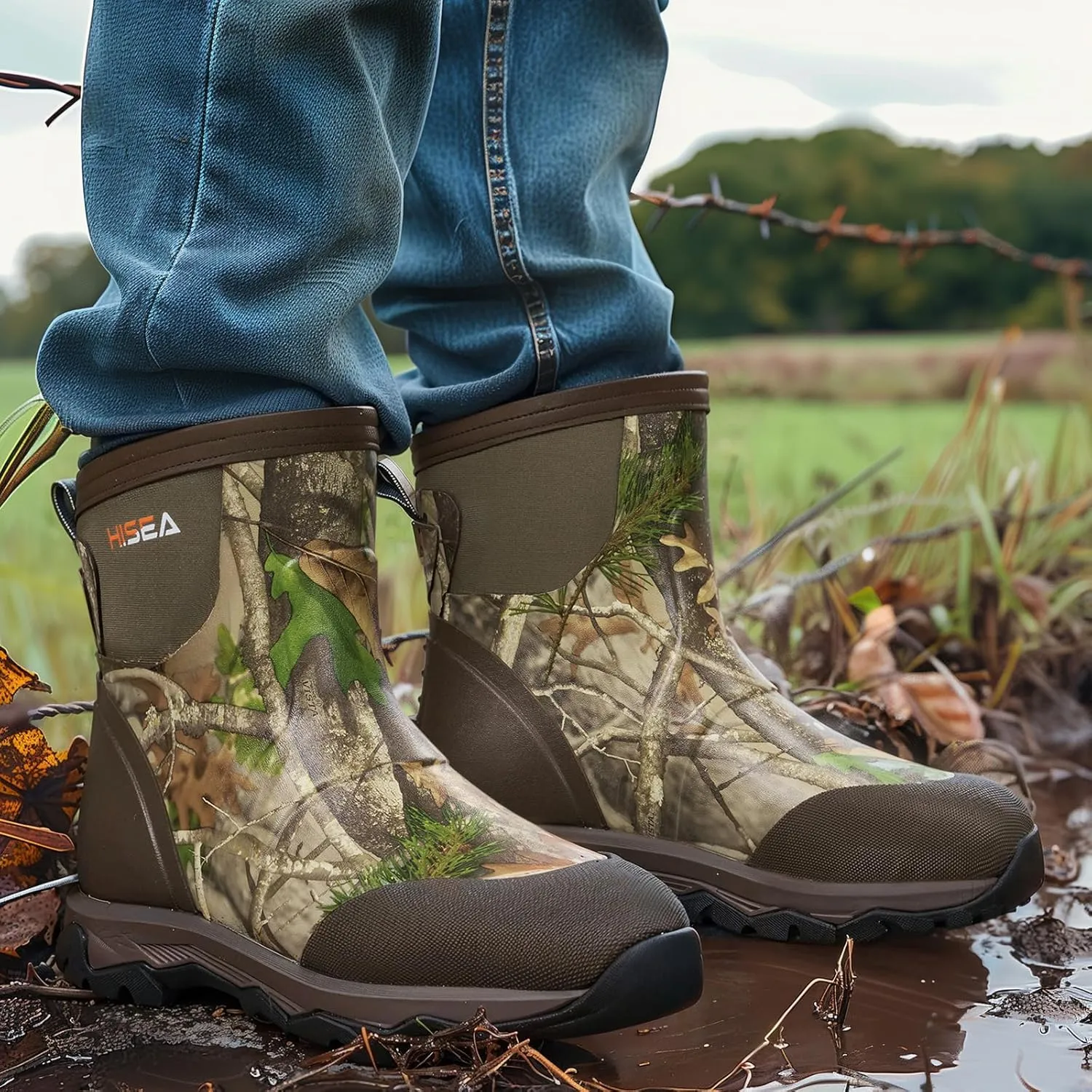 HISEA Upgraded Excursion Pro Men's Rain Boots, Ankle Height Rubber Hunting Boots Waterproof Insulated Neoprene Boots Durable Outdoor Mud Booties for Hunting Gardening Farming Fishing and Yard Work