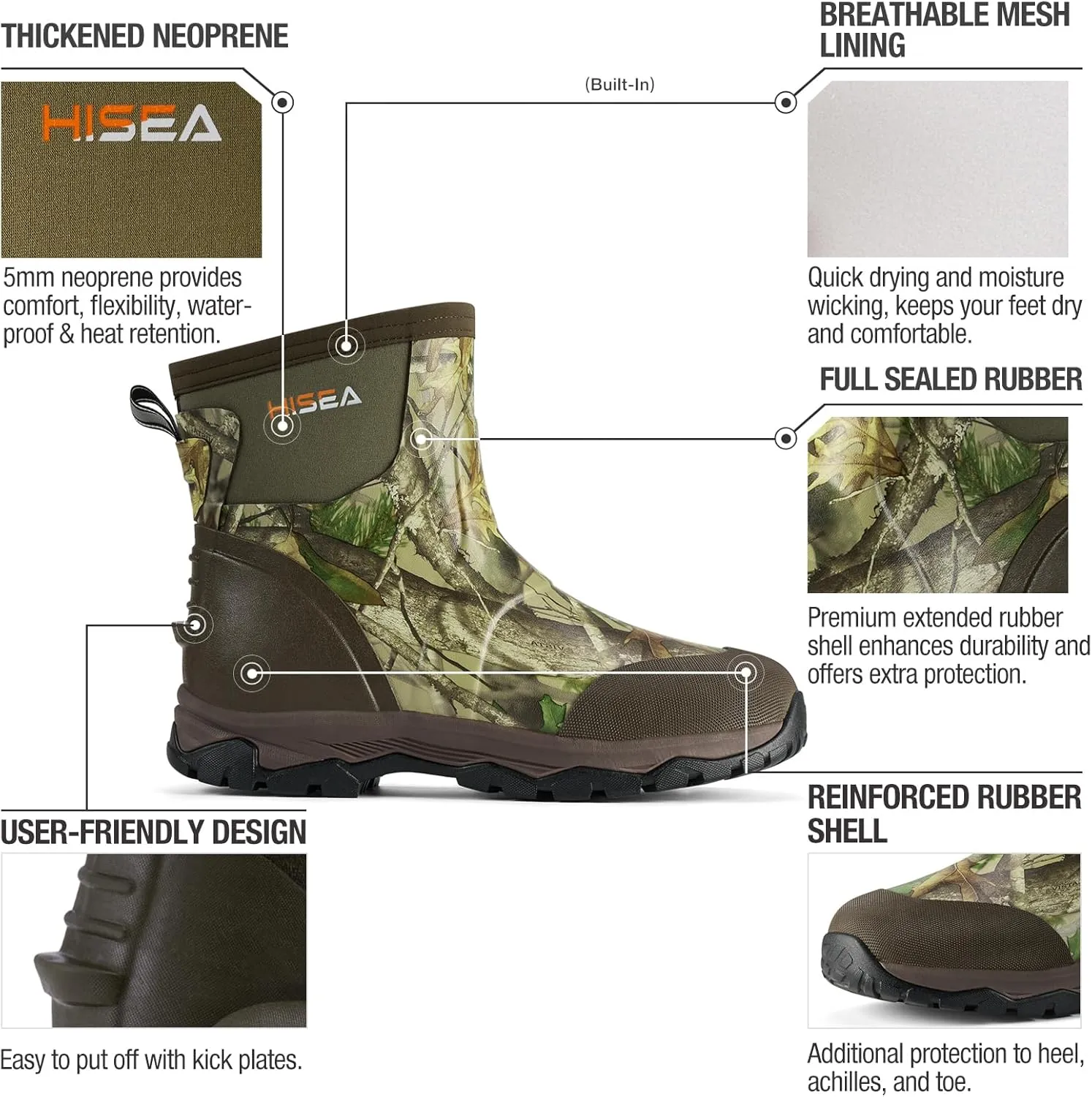 HISEA Upgraded Excursion Pro Men's Rain Boots, Ankle Height Rubber Hunting Boots Waterproof Insulated Neoprene Boots Durable Outdoor Mud Booties for Hunting Gardening Farming Fishing and Yard Work