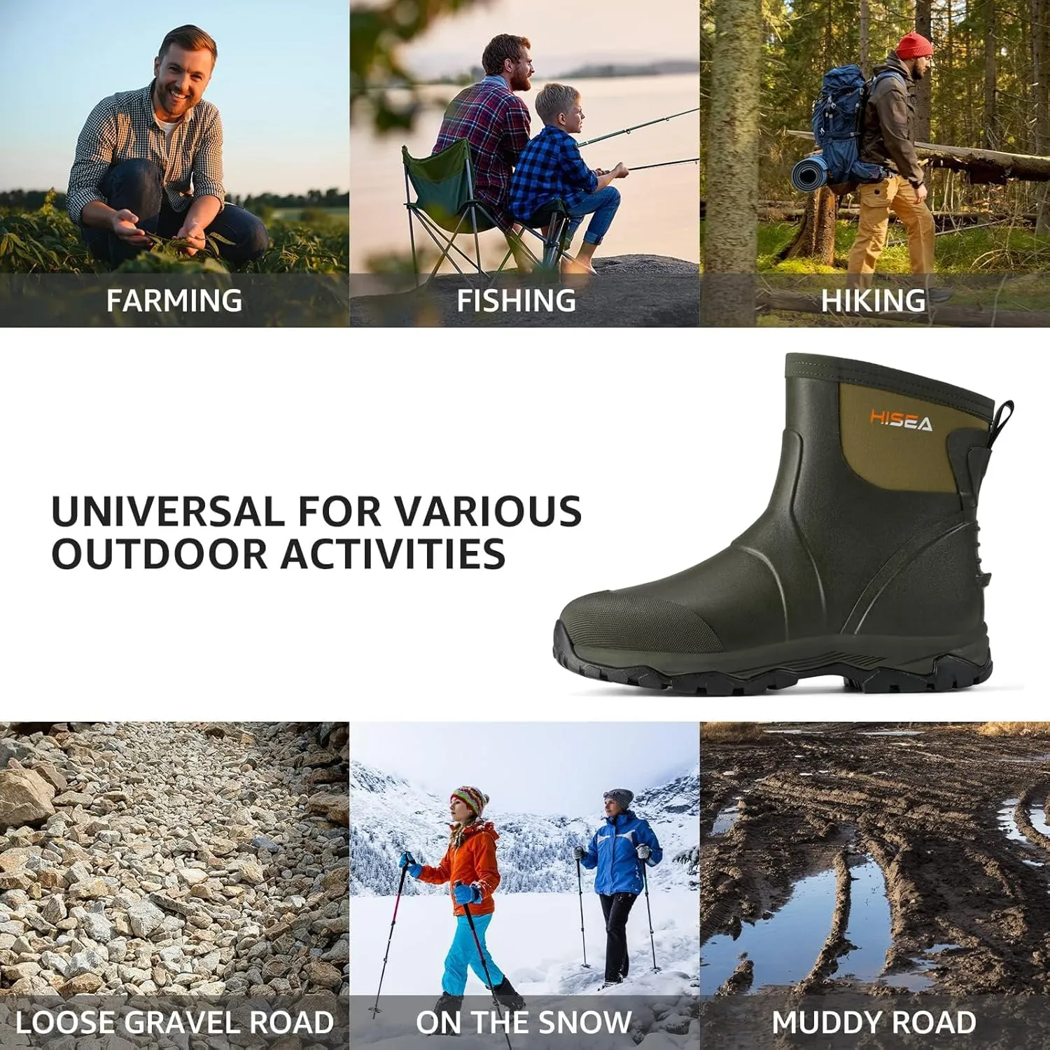 HISEA Upgraded Excursion Pro Men's Rain Boots, Ankle Height Rubber Hunting Boots Waterproof Insulated Neoprene Boots Durable Outdoor Mud Booties for Hunting Gardening Farming Fishing and Yard Work